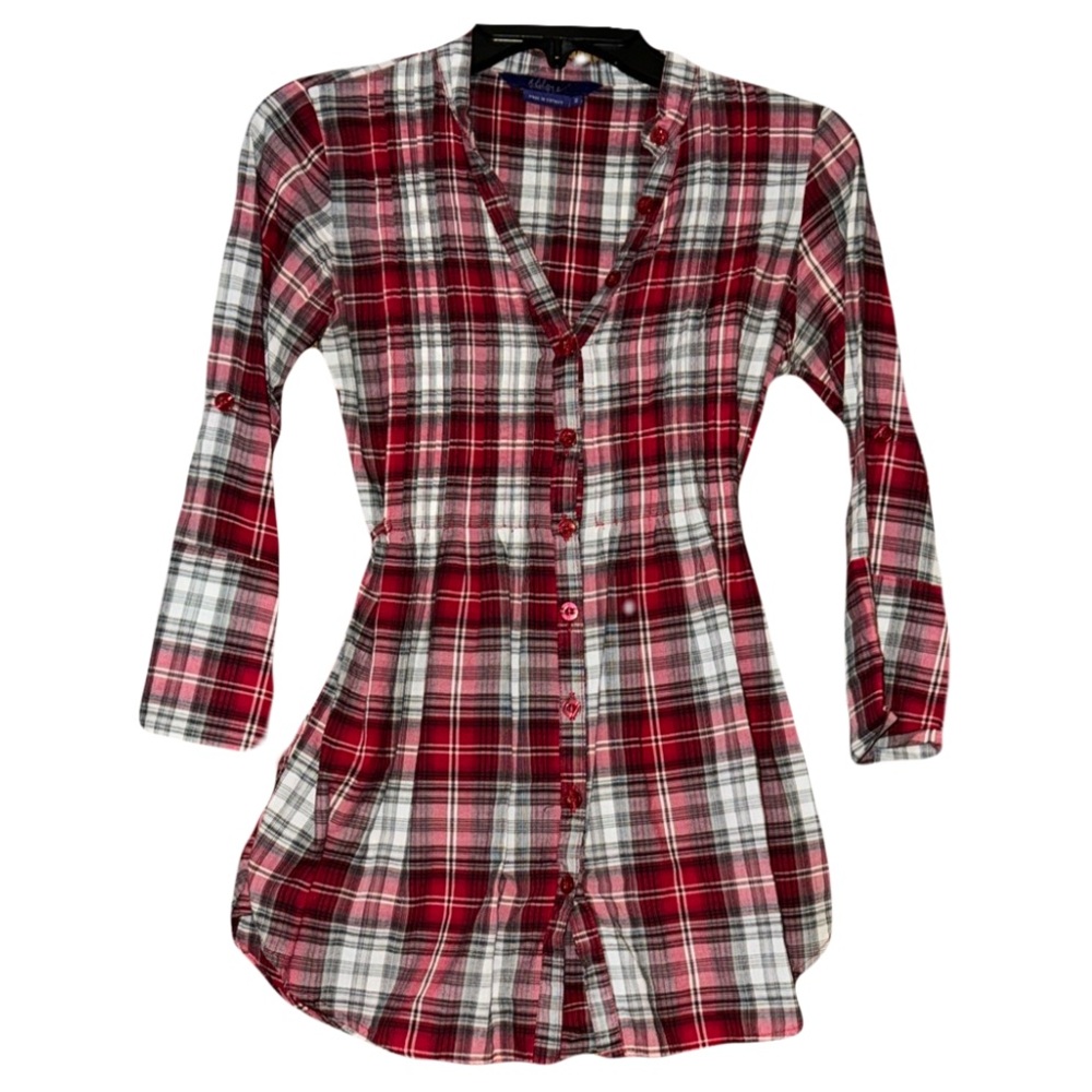Plaid Button-Up V-neck Top - Picture 2 of 11